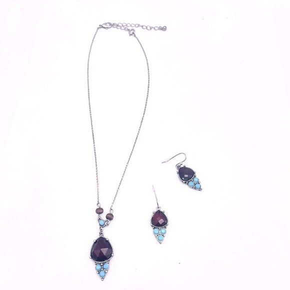NRT Inspired Beaded Gemstone Drop Necklace & Earring Set Silver Tone 15-18 Inch - Picture 2 of 4